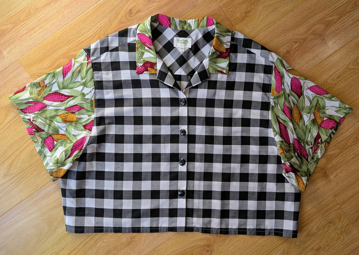 Classic Cut Crop Upcycled Cotton/Polyester Button-up Shirt – Korny Kitchen (Black & White Gingham / Yellow & Hot Pink Corn Print | size 3XL) | Freedomfield