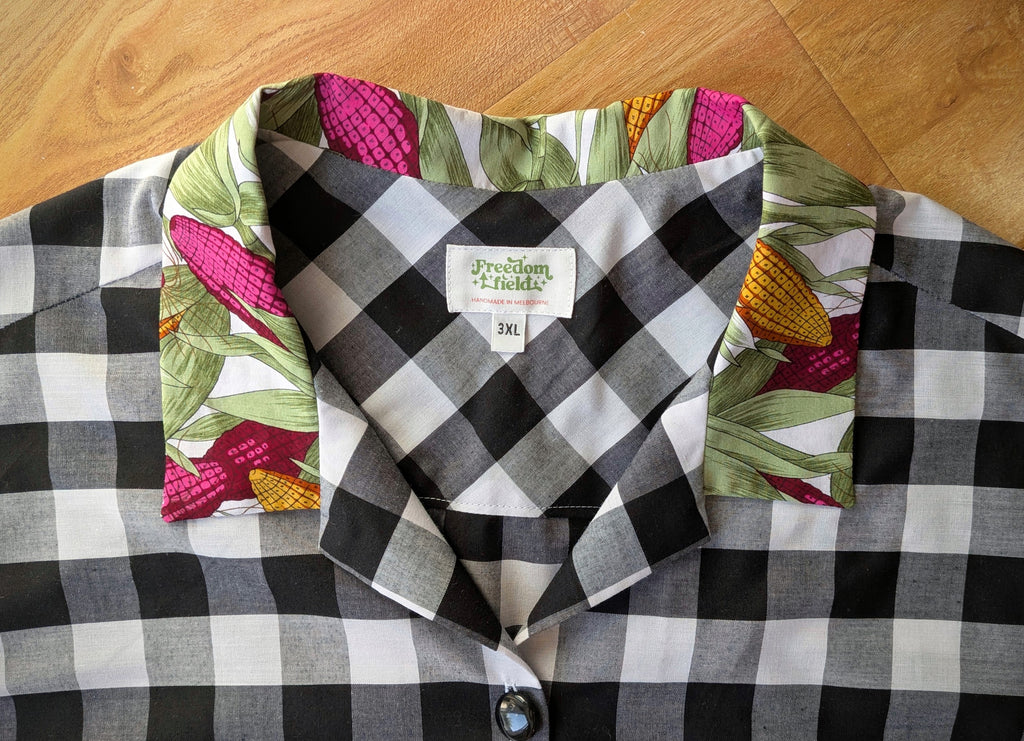 Classic Cut Crop Upcycled Cotton/Polyester Button-up Shirt – Korny Kitchen (Black & White Gingham / Yellow & Hot Pink Corn Print | size 3XL) | Freedomfield