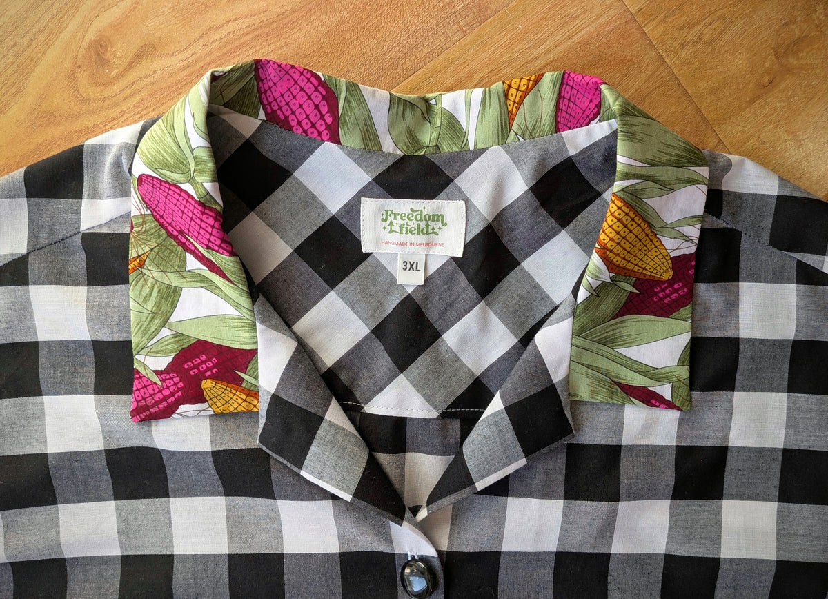Classic Cut Crop Upcycled Cotton/Polyester Button-up Shirt – Korny Kitchen (Black & White Gingham / Yellow & Hot Pink Corn Print | size 3XL) | Freedomfield