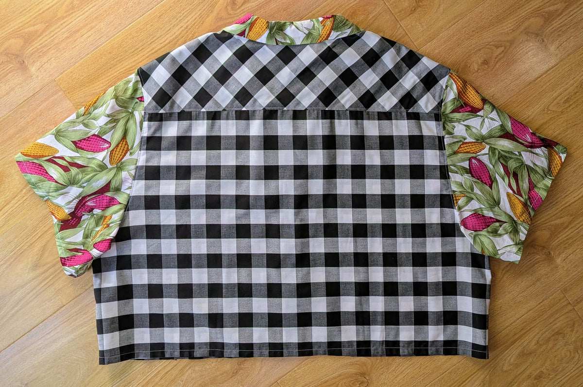 Classic Cut Crop Upcycled Cotton/Polyester Button-up Shirt – Korny Kitchen (Black & White Gingham / Yellow & Hot Pink Corn Print | size 3XL) | Freedomfield