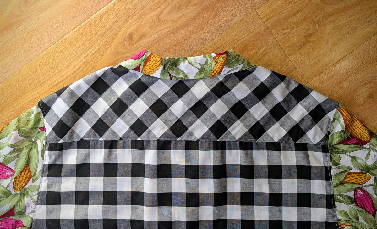 Classic Cut Crop Upcycled Cotton/Polyester Button-up Shirt – Korny Kitchen (Black & White Gingham / Yellow & Hot Pink Corn Print | size 3XL) | Freedomfield
