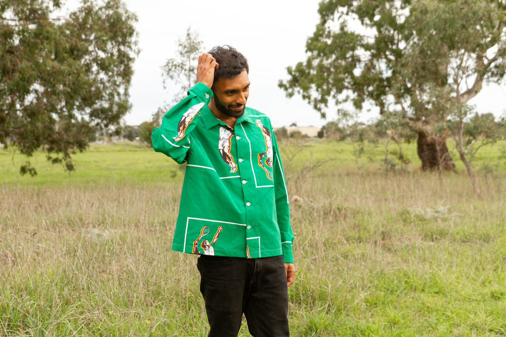 1980s Tennis Player Long Sleeve Unisex Upcycled Cotton Button-up Overshirt – Serving Love (Green / Size M) | Freedomfield