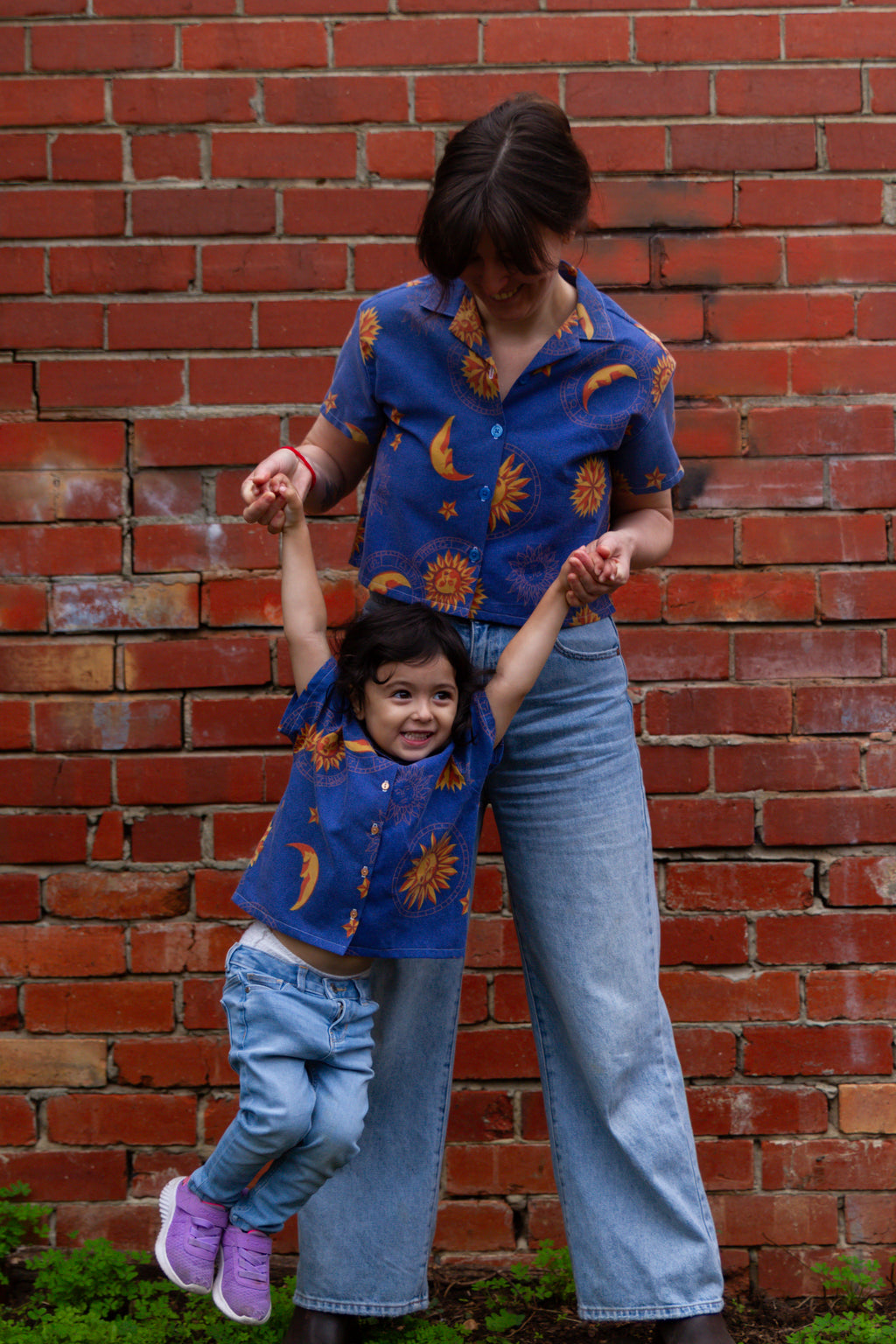 1990s Vintage Classic Cut Crop Unisex Upcycled Cotton Button-up Shirt – Celestial Sun & Moon (Blue & Orange / Size S) | First Gen Freedomfield