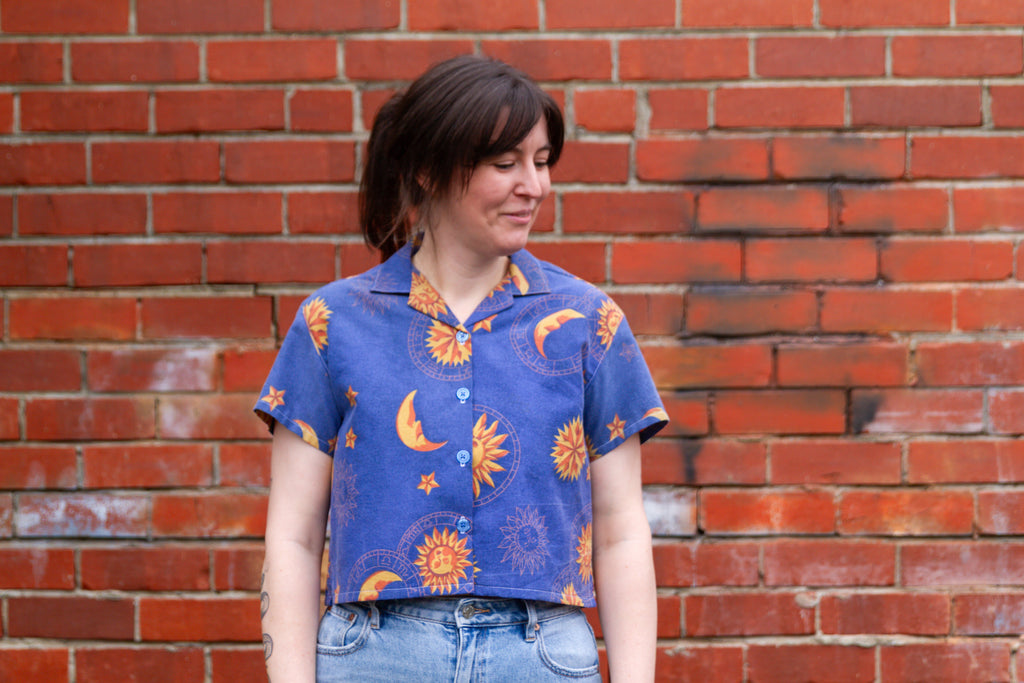 1990s Vintage Classic Cut Crop Unisex Upcycled Cotton Button-up Shirt – Celestial Sun & Moon (Blue & Orange / Size S) | First Gen Freedomfield