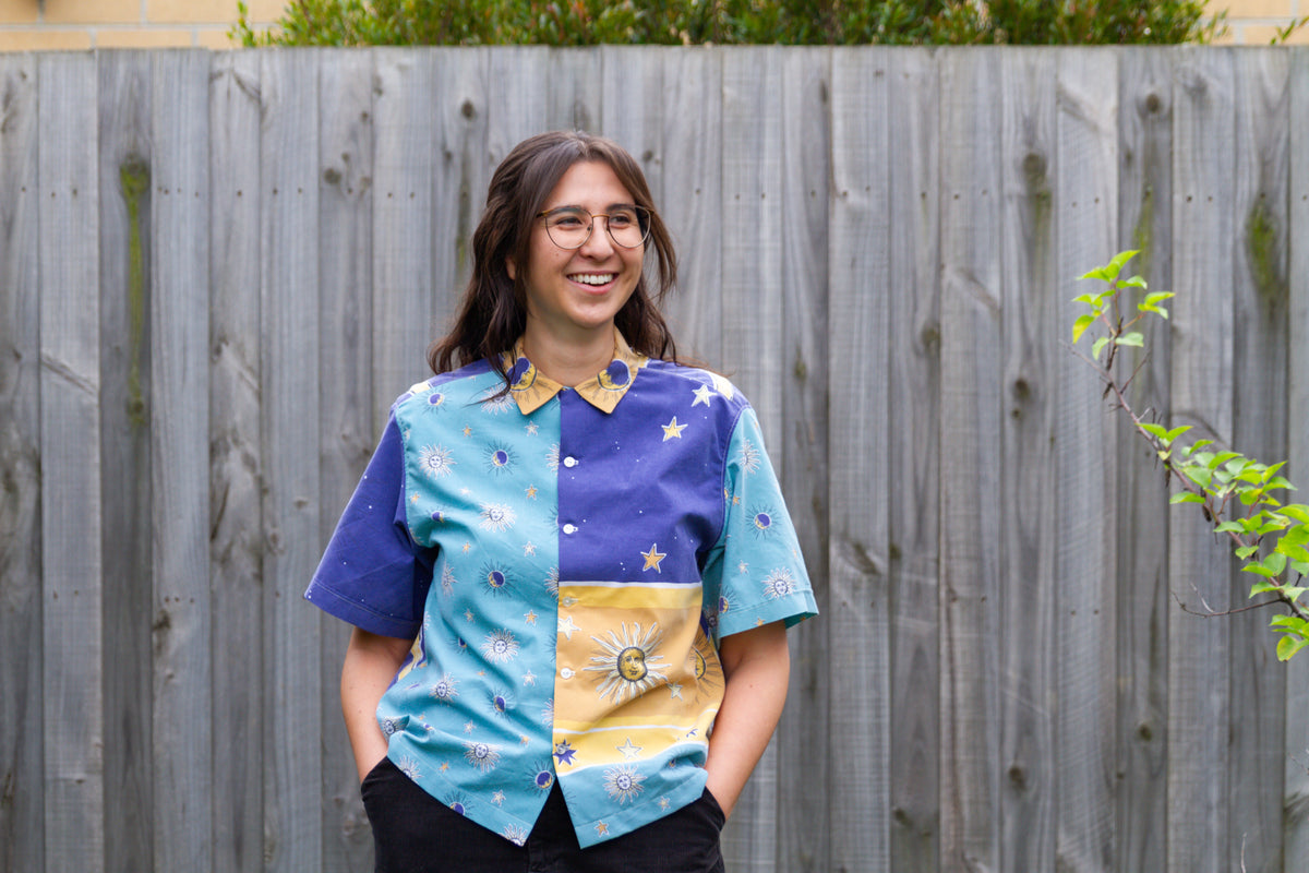 1990s Vintage Cut Unisex Upcycled Cotton Button-up Shirt – Whimsigoth Celestial Sun (Blue & Yellow / Size S) | Freedomfield