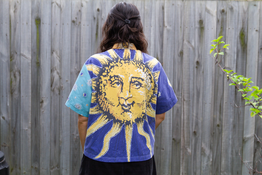 1990s Vintage Cut Unisex Upcycled Cotton Button-up Shirt – Whimsigoth Celestial Sun (Blue & Yellow / Size S) | Freedomfield