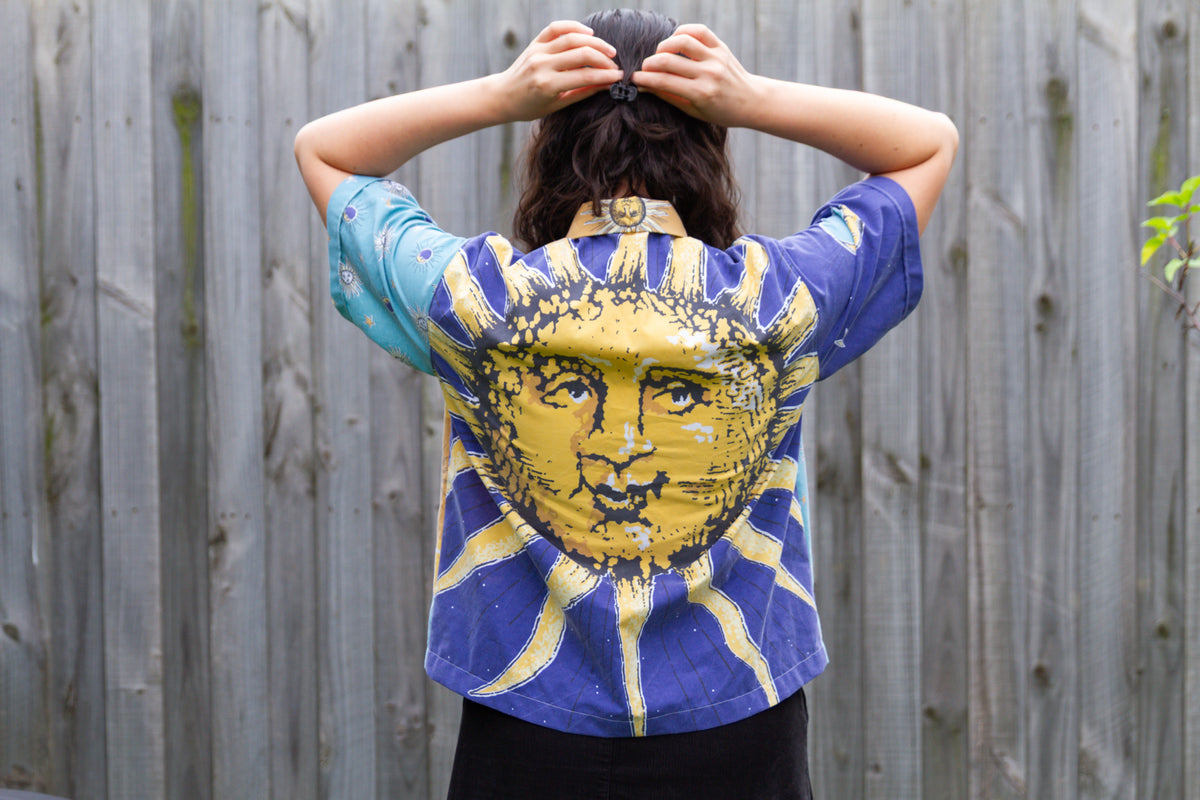 1990s Vintage Cut Unisex Upcycled Cotton Button-up Shirt – Whimsigoth Celestial Sun (Blue & Yellow / Size S) | Freedomfield