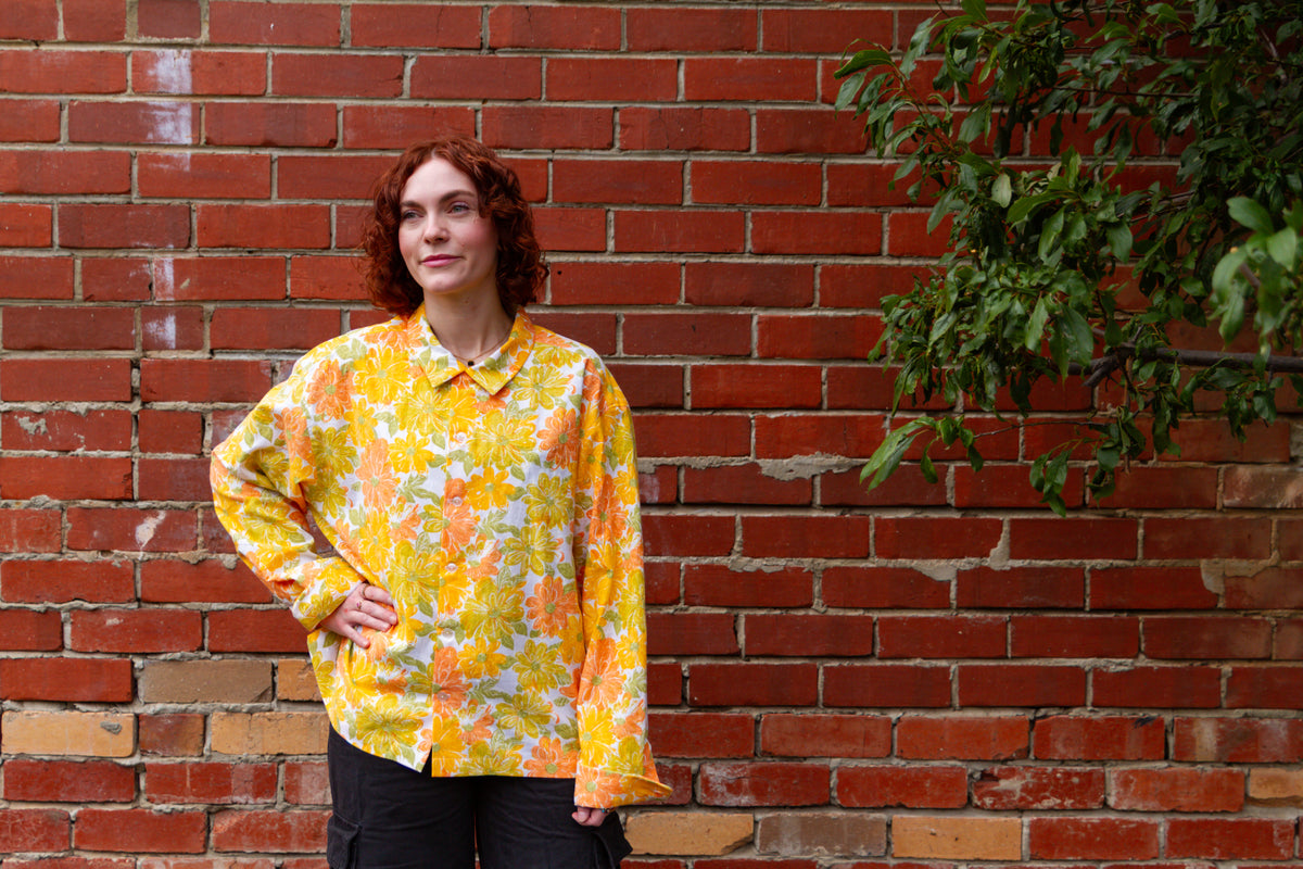 1970s Vintage Long Sleeve Unisex Upcycled Cotton Button-up Overshirt – Lazy Daisy (Yellow, Orange & Green / Size M) | Freedomfield