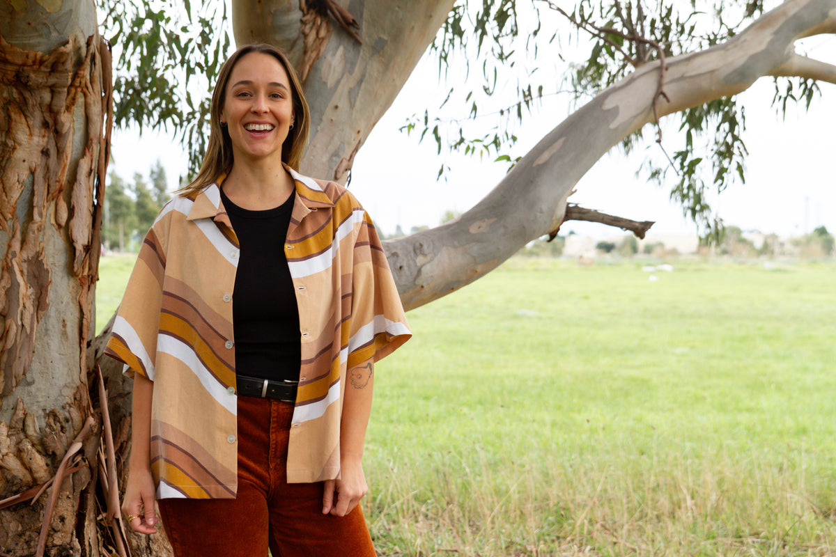 1970s Vintage Cut Unisex Upcycled Cotton Button-Up Shirt – Cinnamon Groove (Brown & Cream / Size L) | Freedomfield