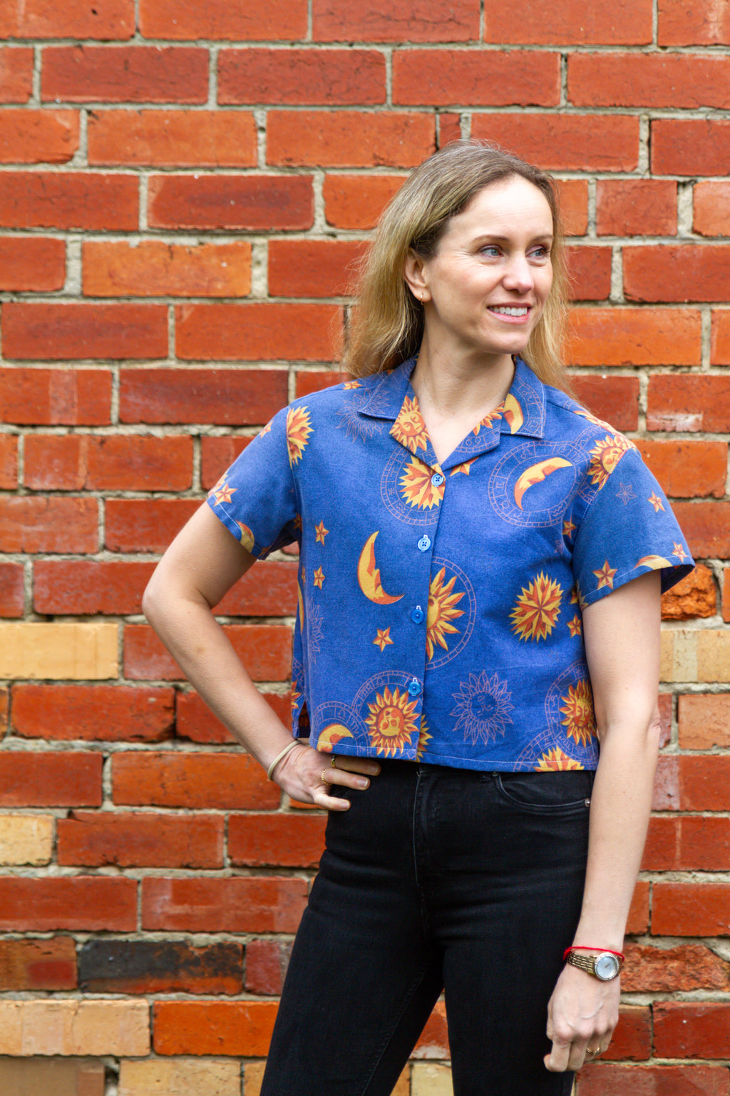 1990s Vintage Classic Cut Crop Unisex Upcycled Cotton Button-up Shirt – Celestial Sun & Moon (Blue & Orange / Size S) | First Gen Freedomfield