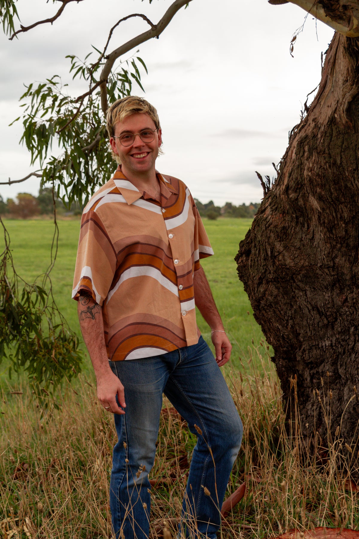 1970s Vintage Cut Unisex Upcycled Cotton Button-Up Shirt – Cinnamon Groove (Brown & Cream / Size L) | Freedomfield