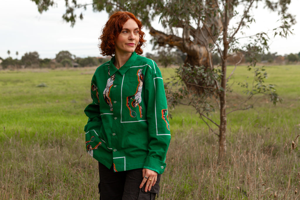 1980s Tennis Player Long Sleeve Unisex Upcycled Cotton Button-up Overshirt – Serving Love (Green / Size M) | Freedomfield