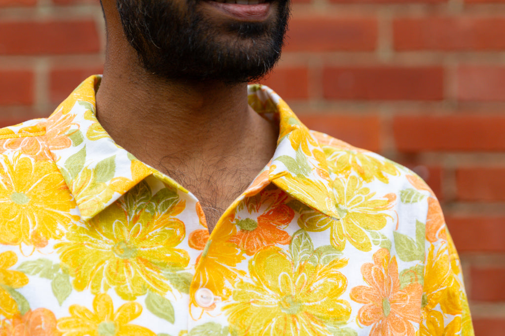 1970s Vintage Long Sleeve Unisex Upcycled Cotton Button-up Overshirt – Lazy Daisy (Yellow, Orange & Green / Size M) | Freedomfield