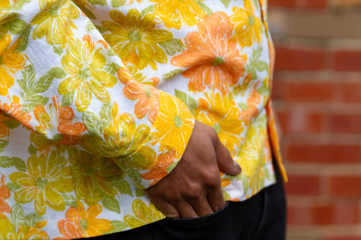 1970s Vintage Long Sleeve Unisex Upcycled Cotton Button-up Overshirt – Lazy Daisy (Yellow, Orange & Green / Size M) | Freedomfield